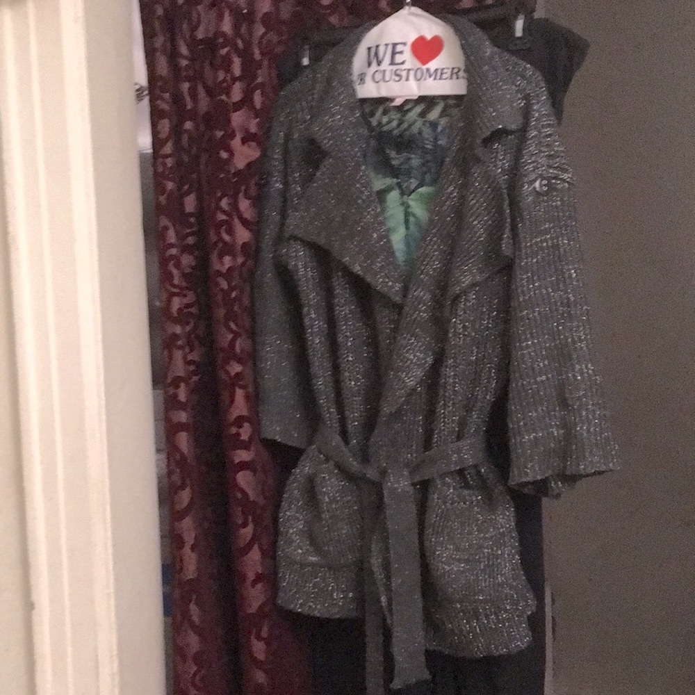 Crystal Candy sweater cardigan M, gray/silver sparkle, belt, two square pockets